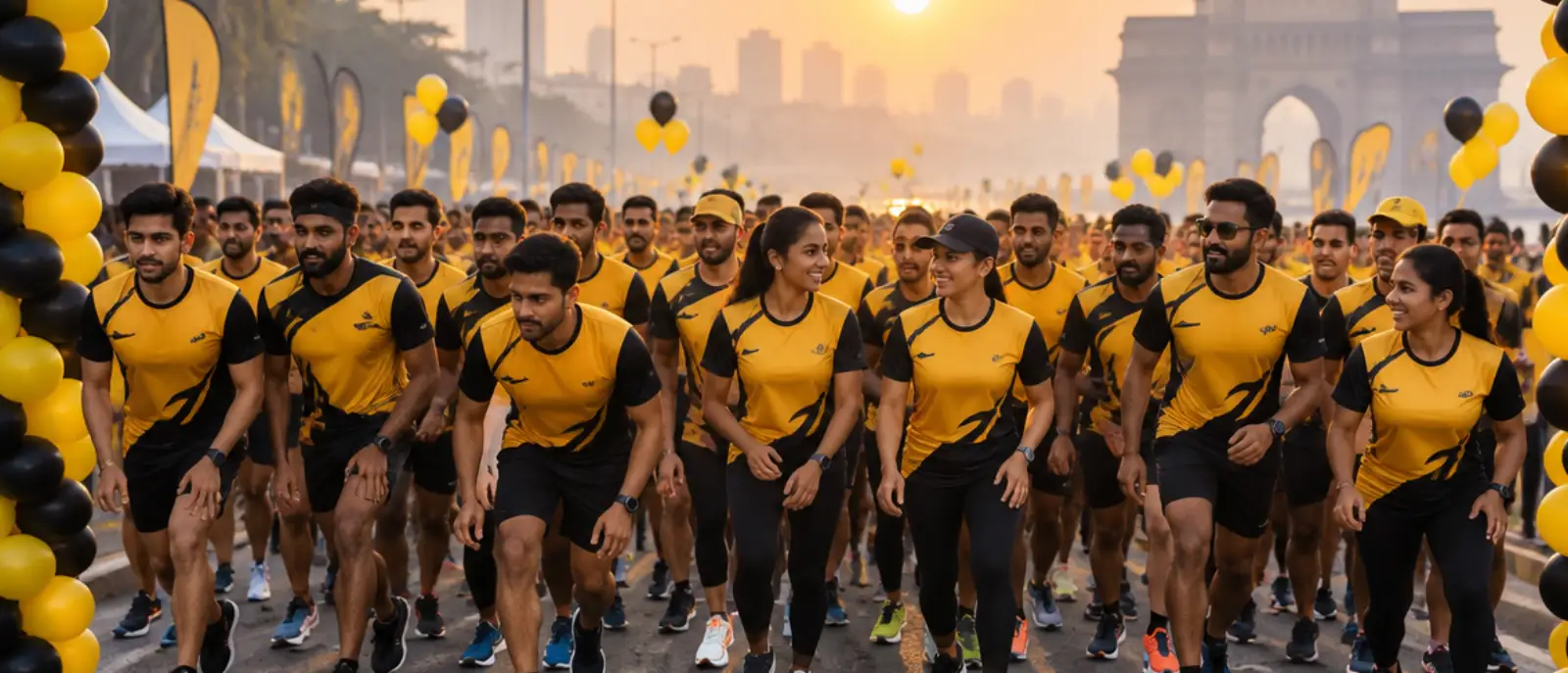 A running club in yellow and black Xipid jerseys at the start line